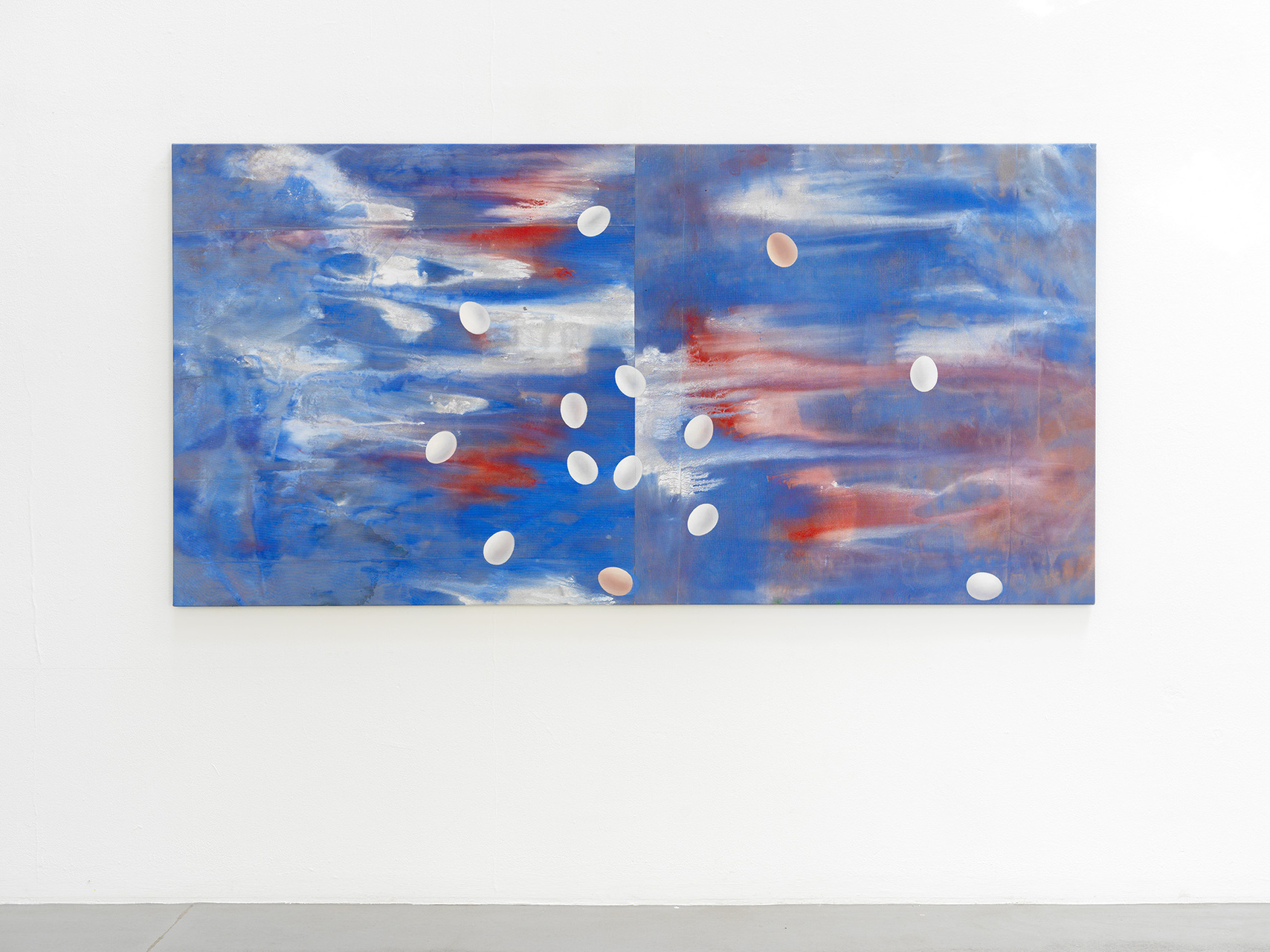 Katharina Schilling — Send in the Clowns (One at a Time), pigment and oil on canvas, 130 × 260 cm, 2022 